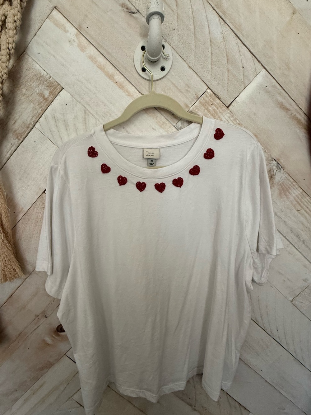 a new day White Short Sleeve Tee with Red Heart Appliqués